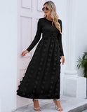 ALLOVIN Women's Long Sleeve Hollow Out Boho Maxi Dress Flowy Casual Long Tulle Dress with Pockets Black